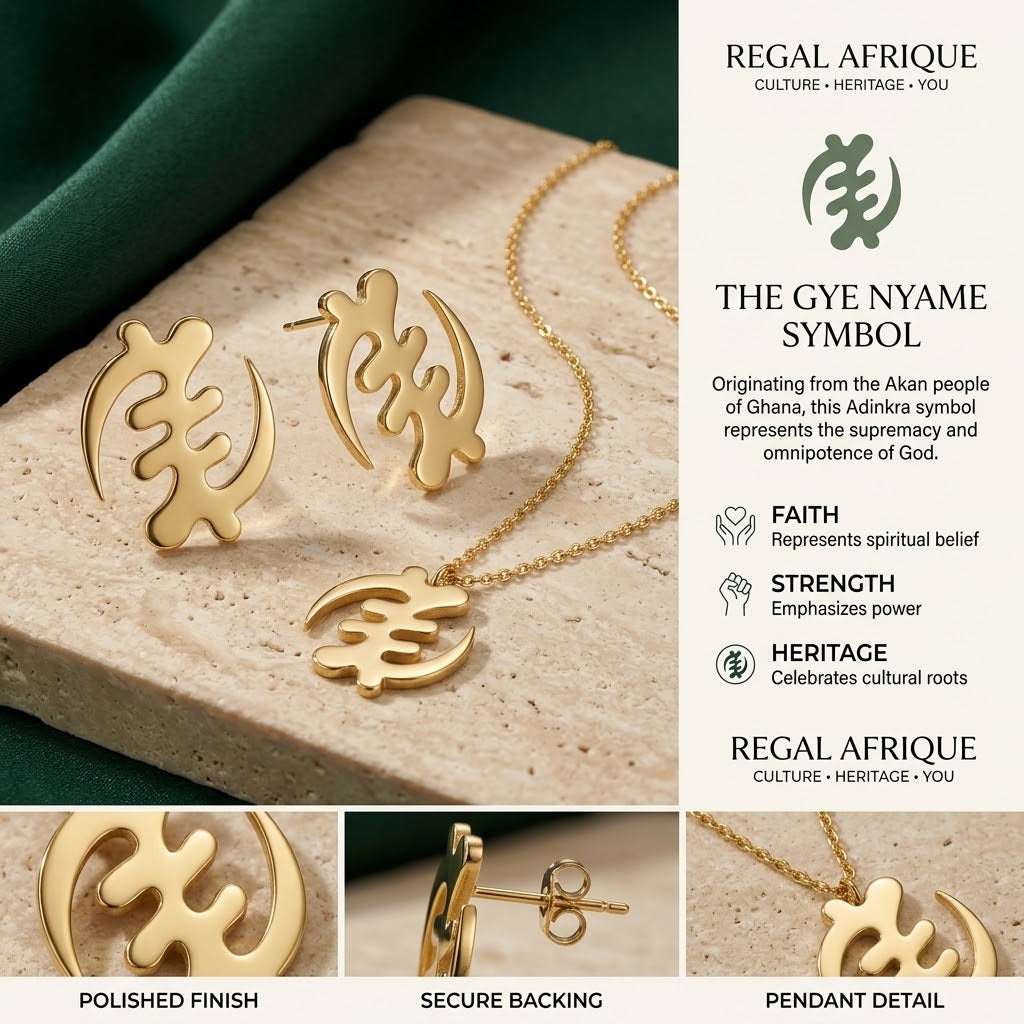 Gold Gye Nyame necklace and earring set with an illustrated guide to the symbol and jewelry details