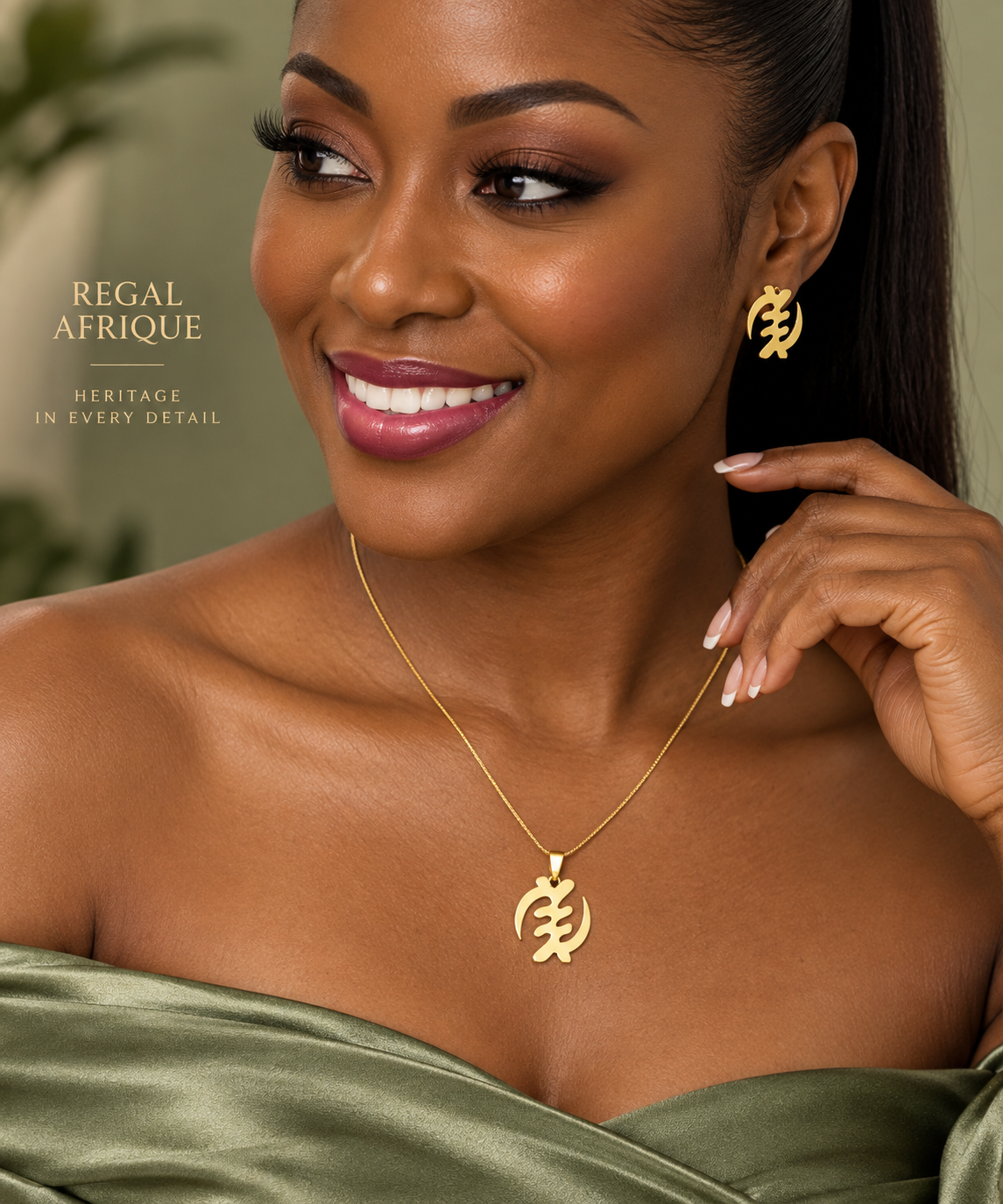 Woman wearing a gold Gye Nyame pendant necklace and matching stud earrings