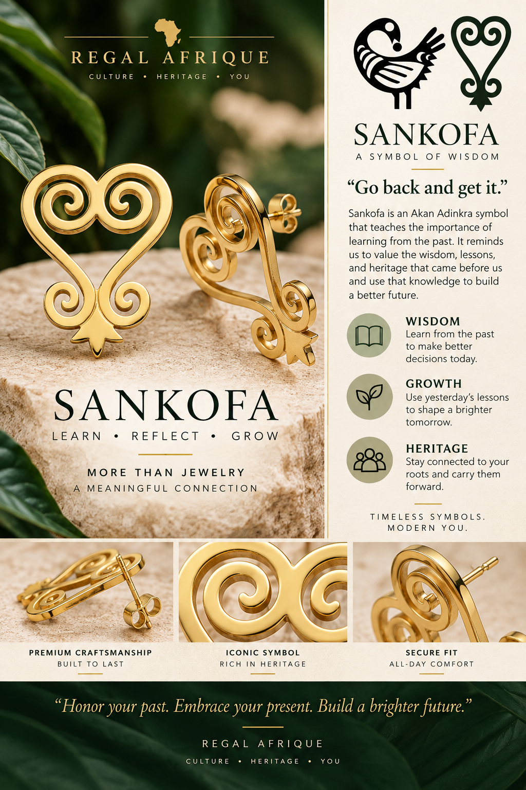 Sankofa swirl gold stud earrings with an illustrated guide to the symbol and earring details
