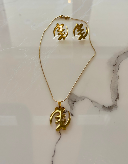 Gye Nyame Adinkra Gold Necklace and Earring set