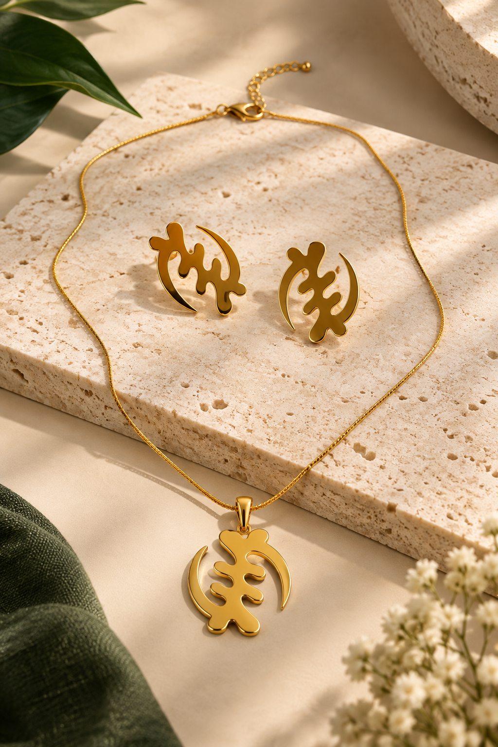Gold Gye Nyame necklace and stud earring set arranged on cream-colored stone