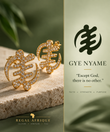 Crystal-studded gold Gye Nyame earrings beside a card explaining the symbol