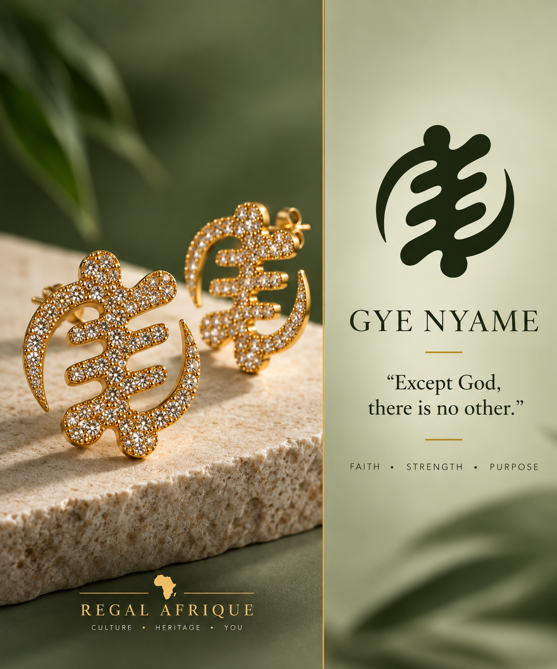 Crystal-studded gold Gye Nyame earrings beside a card explaining the symbol