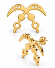 Front and angled views of gold Akofena crossed-sword stud earrings on white