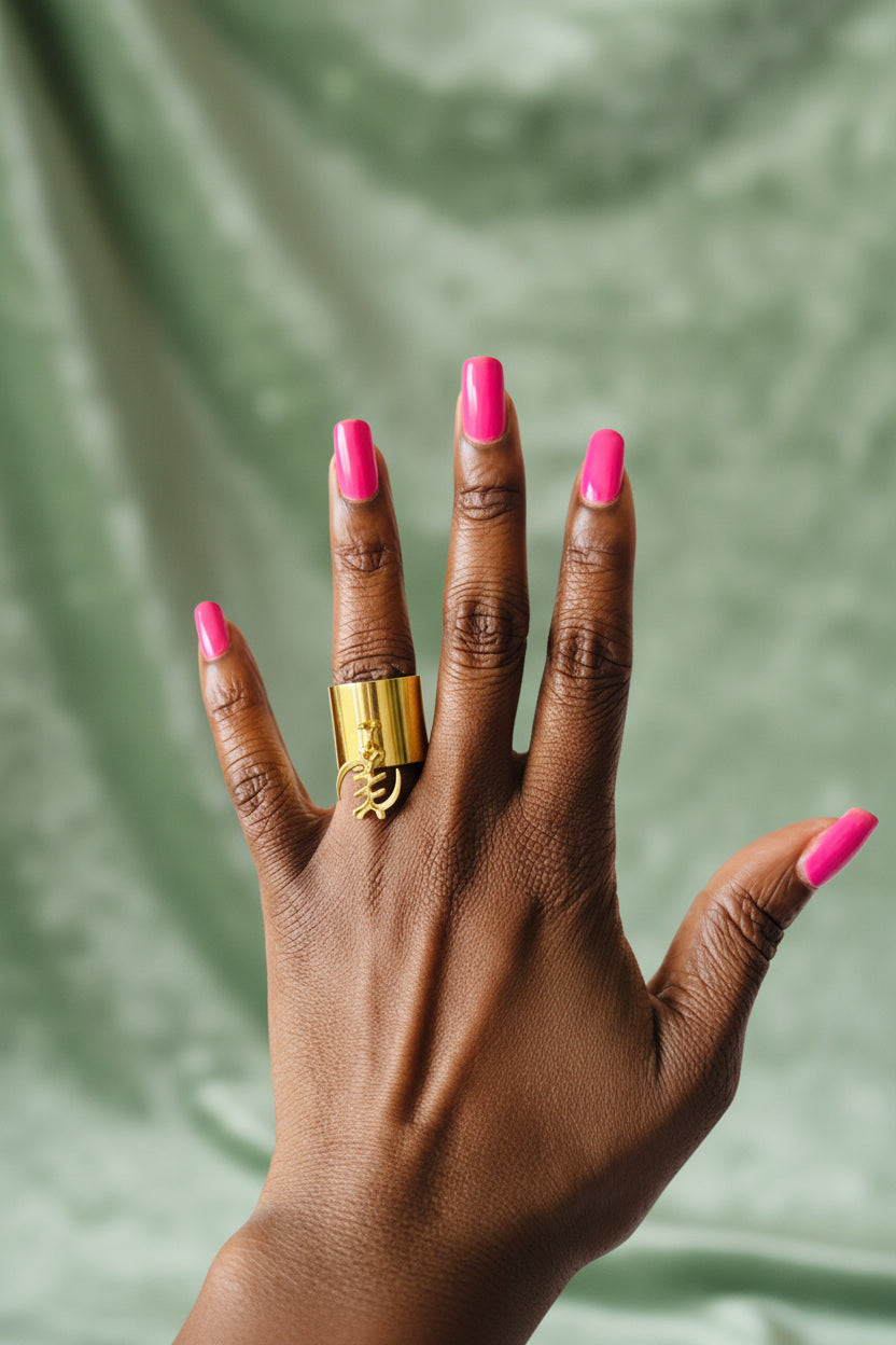 Gye Nyame Goddess Adinkra Charm Size 7 Gold Ring