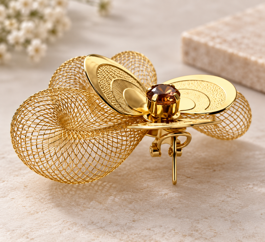 Close-up of Adéniké Mesh Earrings with crystal accents
