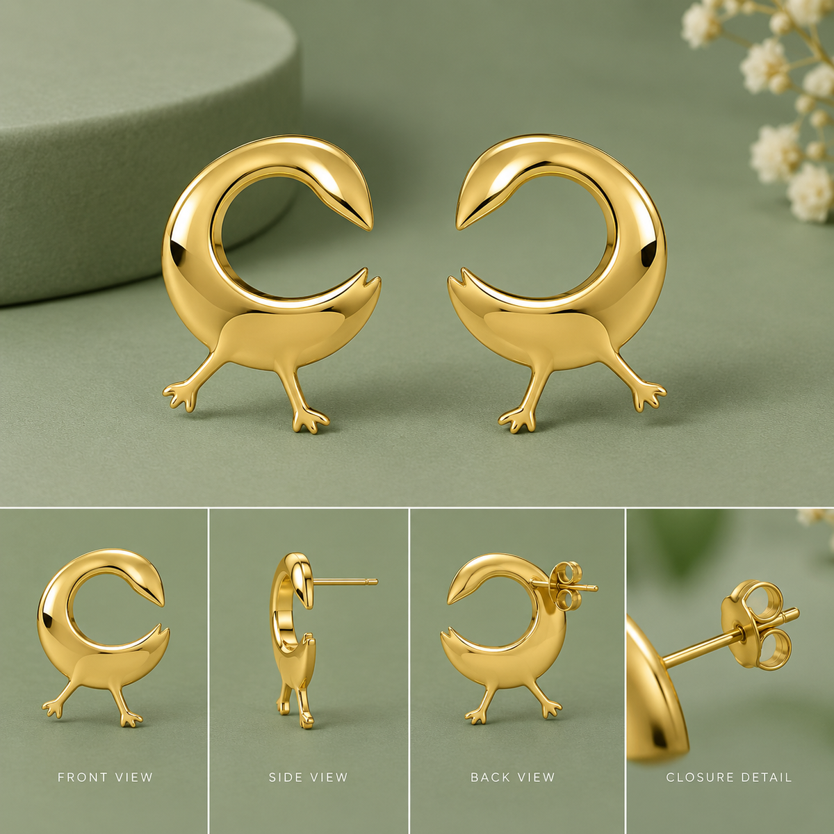 Sankofa Bird Adinkra Studded Gold Earrings