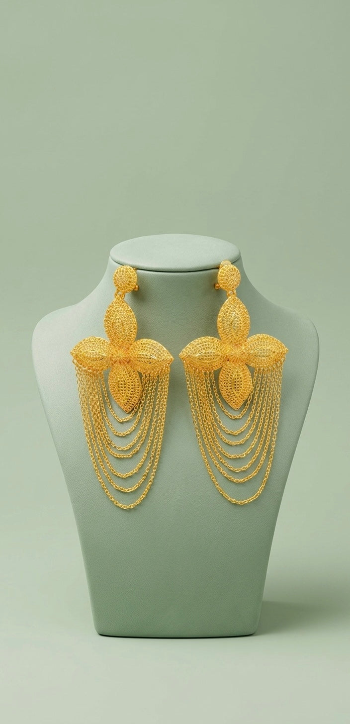 Pair of gold cascading chain earrings displayed on a stand