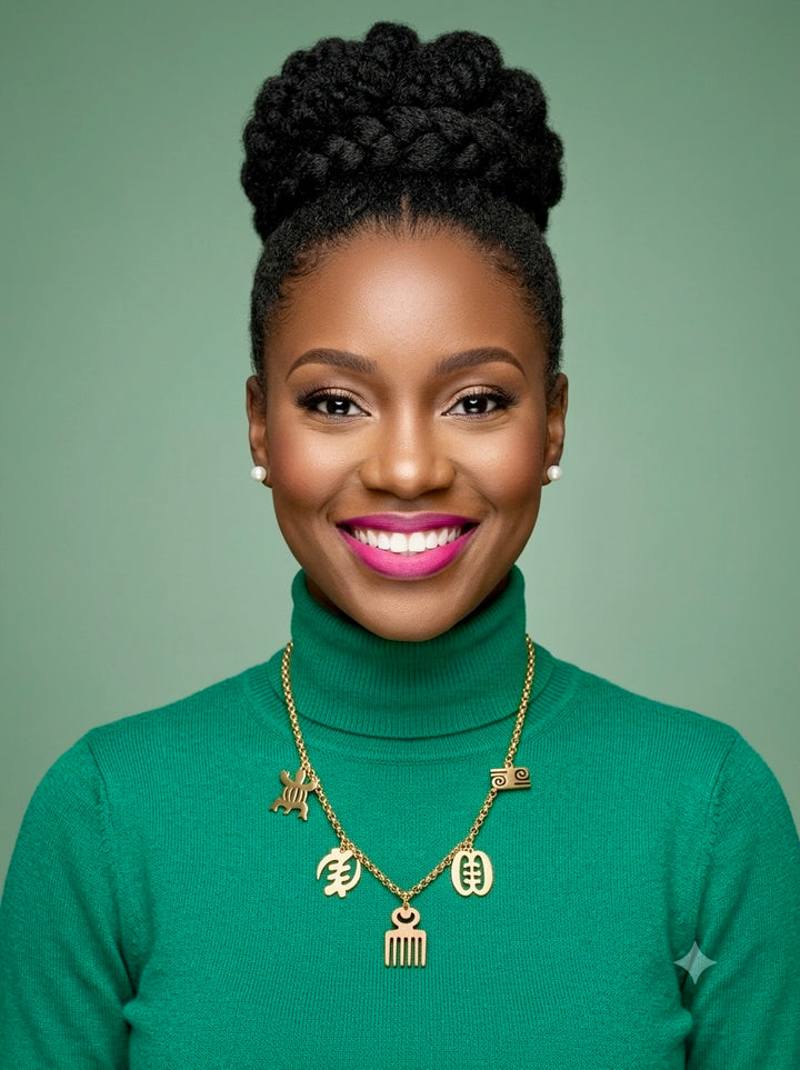 Woman in green top wearing gold Gye Nyame select necklace
