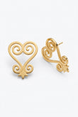 Front and angled views of gold Sankofa swirl stud earrings on white