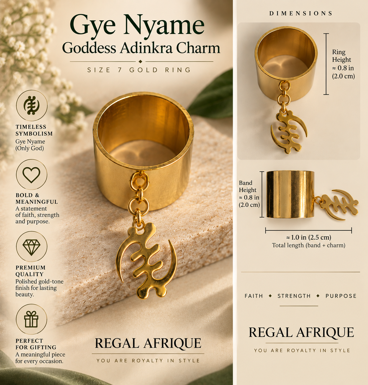 Gye Nyame Goddess Adinkra Charm Size 7 Gold Ring