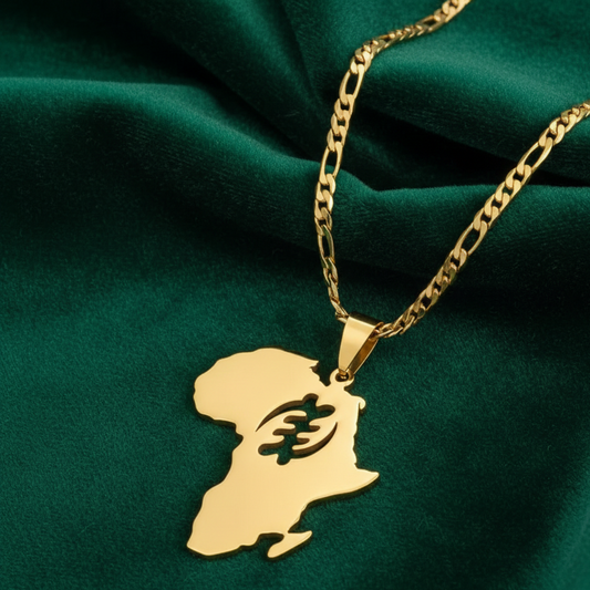 Gold Africa map Gye Nyame pendant necklace on dark green fabric