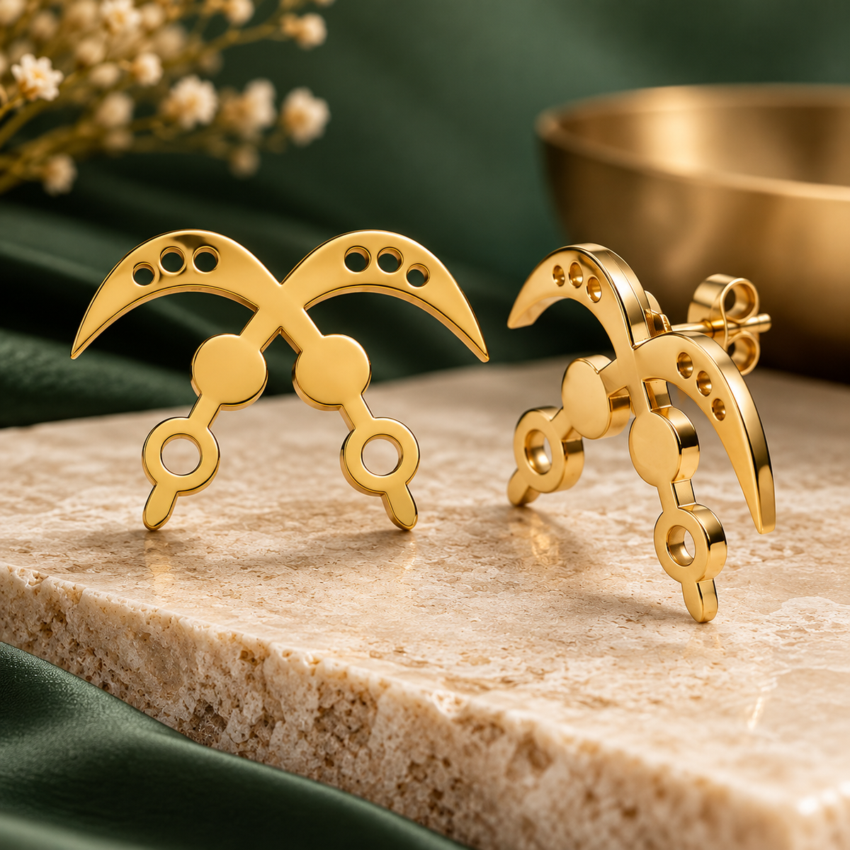 Gold Akofena crossed-sword stud earrings displayed on a stone block