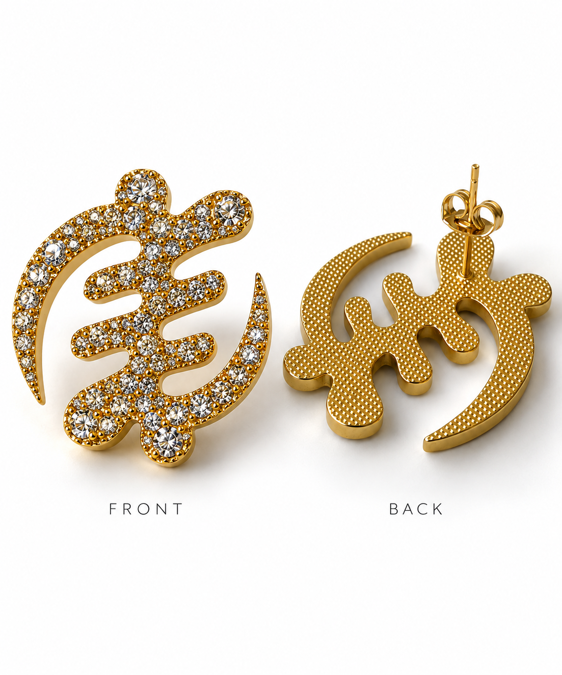Front and back views of crystal-studded gold Gye Nyame earrings on white
