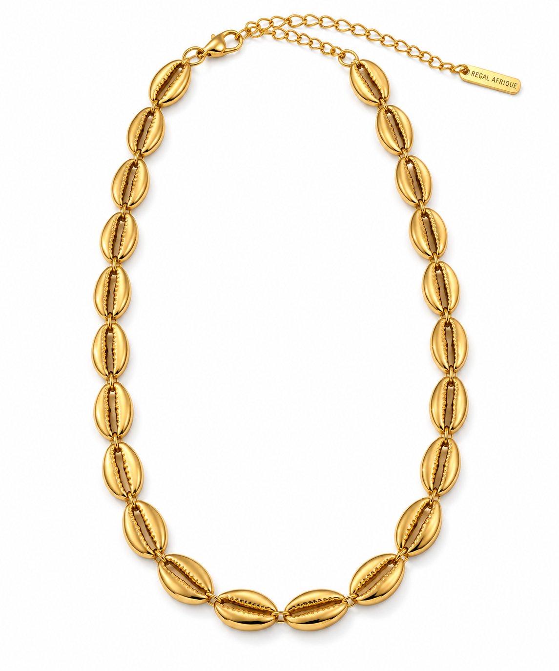 Gold cowrie-link choker necklace and extension chain on white