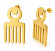 Front and side views of gold Duafe comb-shaped stud earrings on white