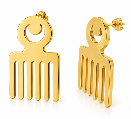 Front and side views of gold Duafe comb-shaped stud earrings on white