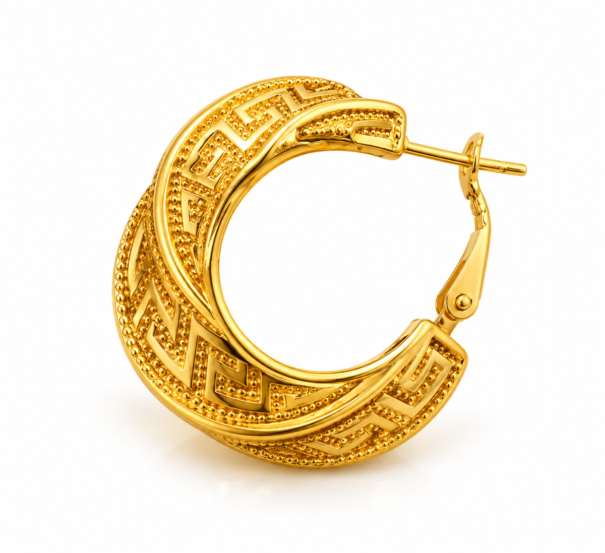 Single gold hoop earring with a geometric key pattern and hinged clasp on white