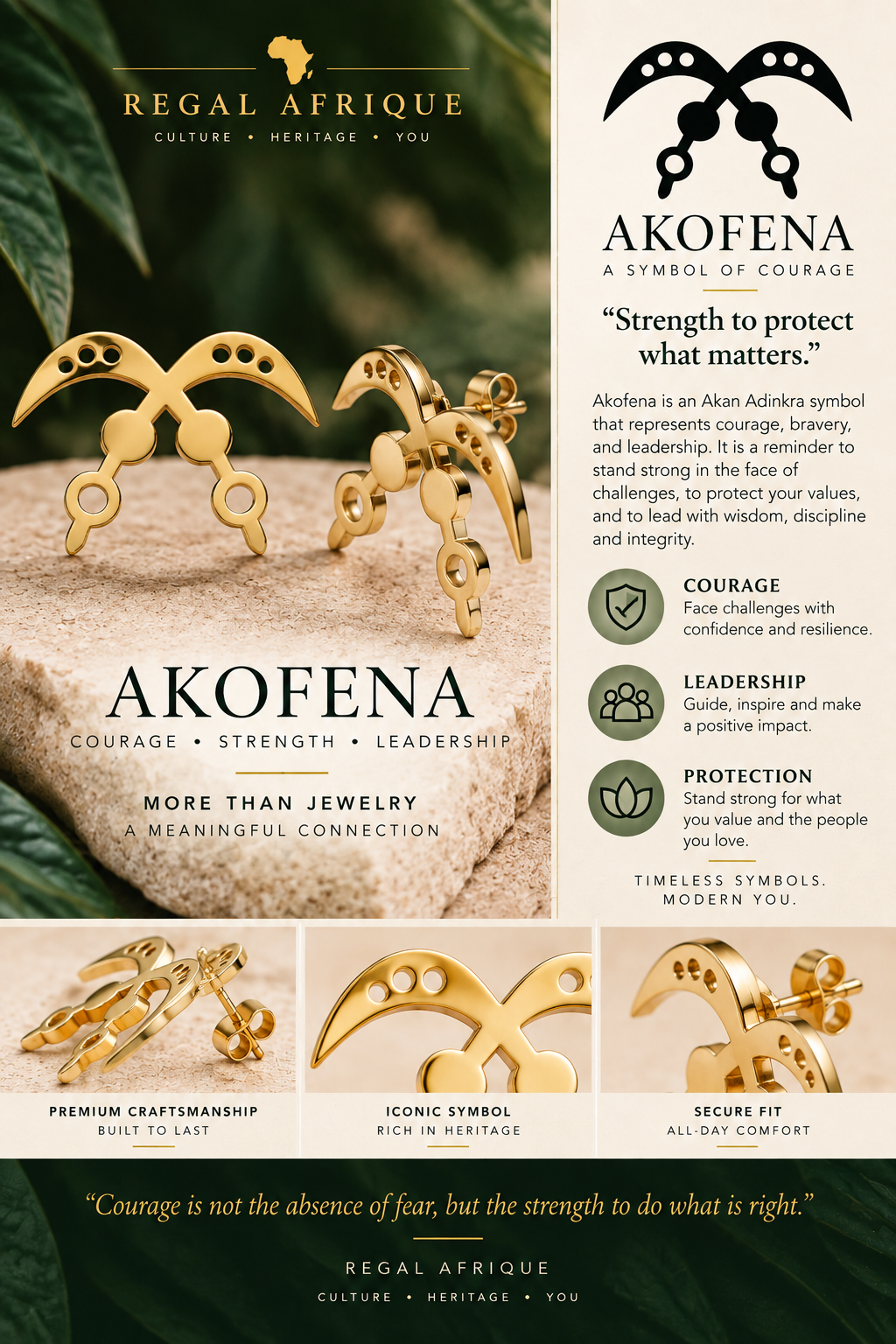 Akofena gold stud earrings with an illustrated guide to the crossed-sword symbol and earring details
