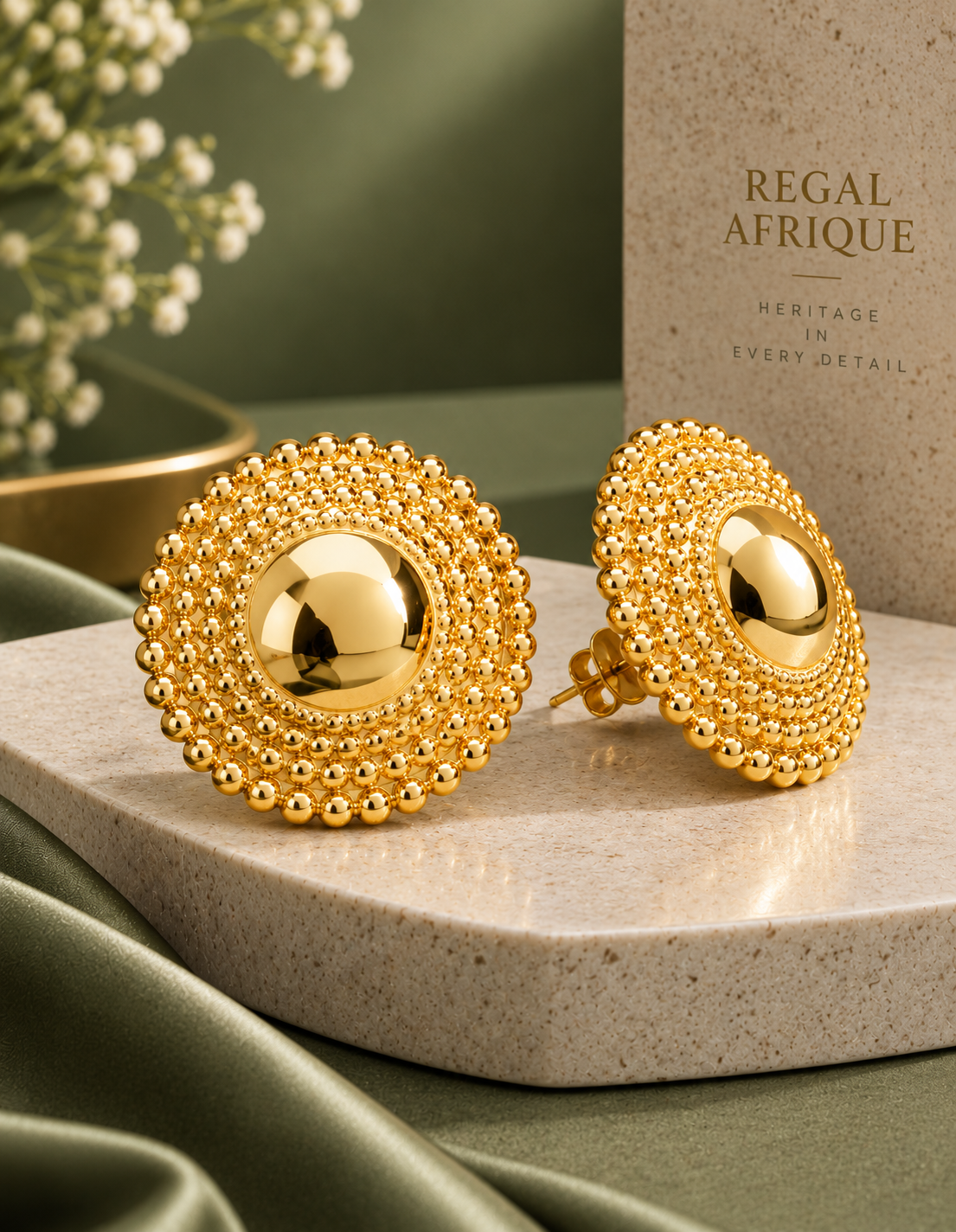 Gold Nubian Goddess jumbo stud earrings on a round stone display beside Regal Afrique packaging
